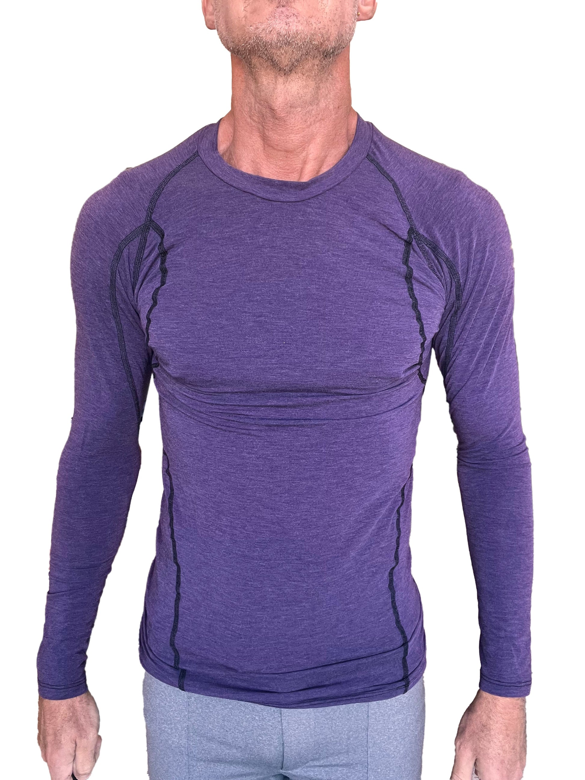 Purple long-sleeved designer raglan crew-neck tee with black seam detailing for athletic wear in eggplant purple