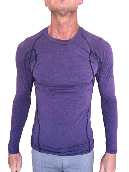 Purple long-sleeved designer raglan crew-neck tee with black seam detailing for athletic wear in eggplant purple