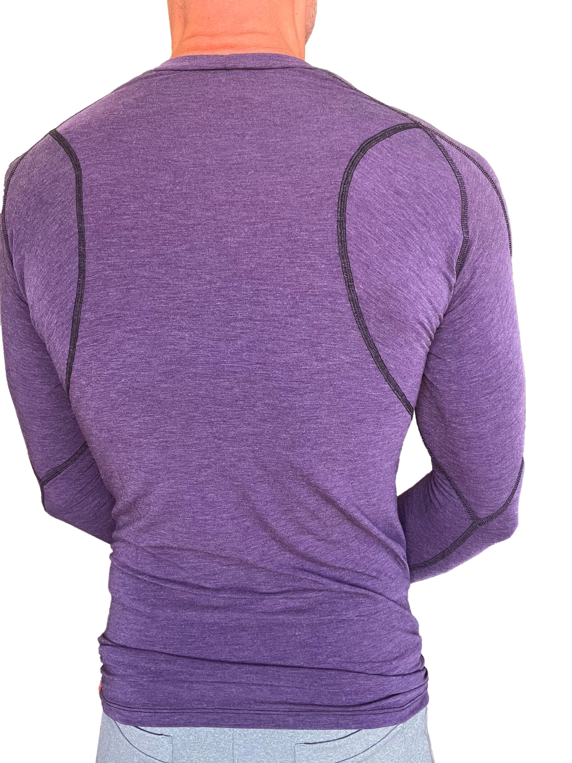 Purple heathered long-sleeve raglan crew-neck tee with black seam detailing in eggplant purple for athletic wear
