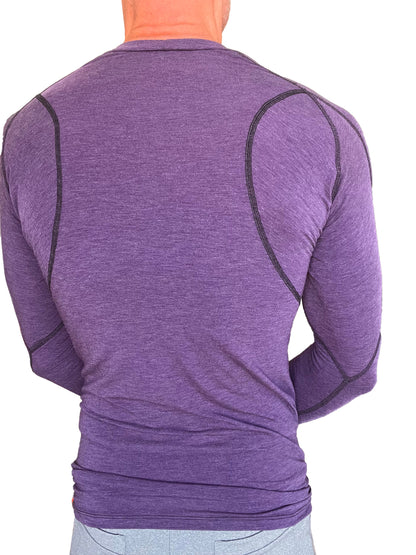 Purple heathered long-sleeve raglan crew-neck tee with black seam detailing in eggplant purple for athletic wear