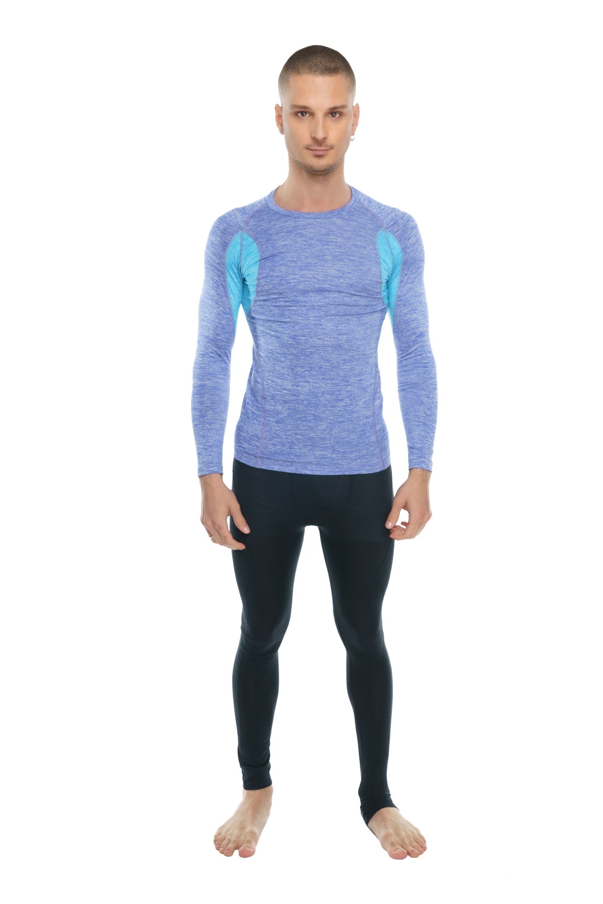 Designer raglan crew neck long sleeve tee in blue and teal with heathered texture performance fabric