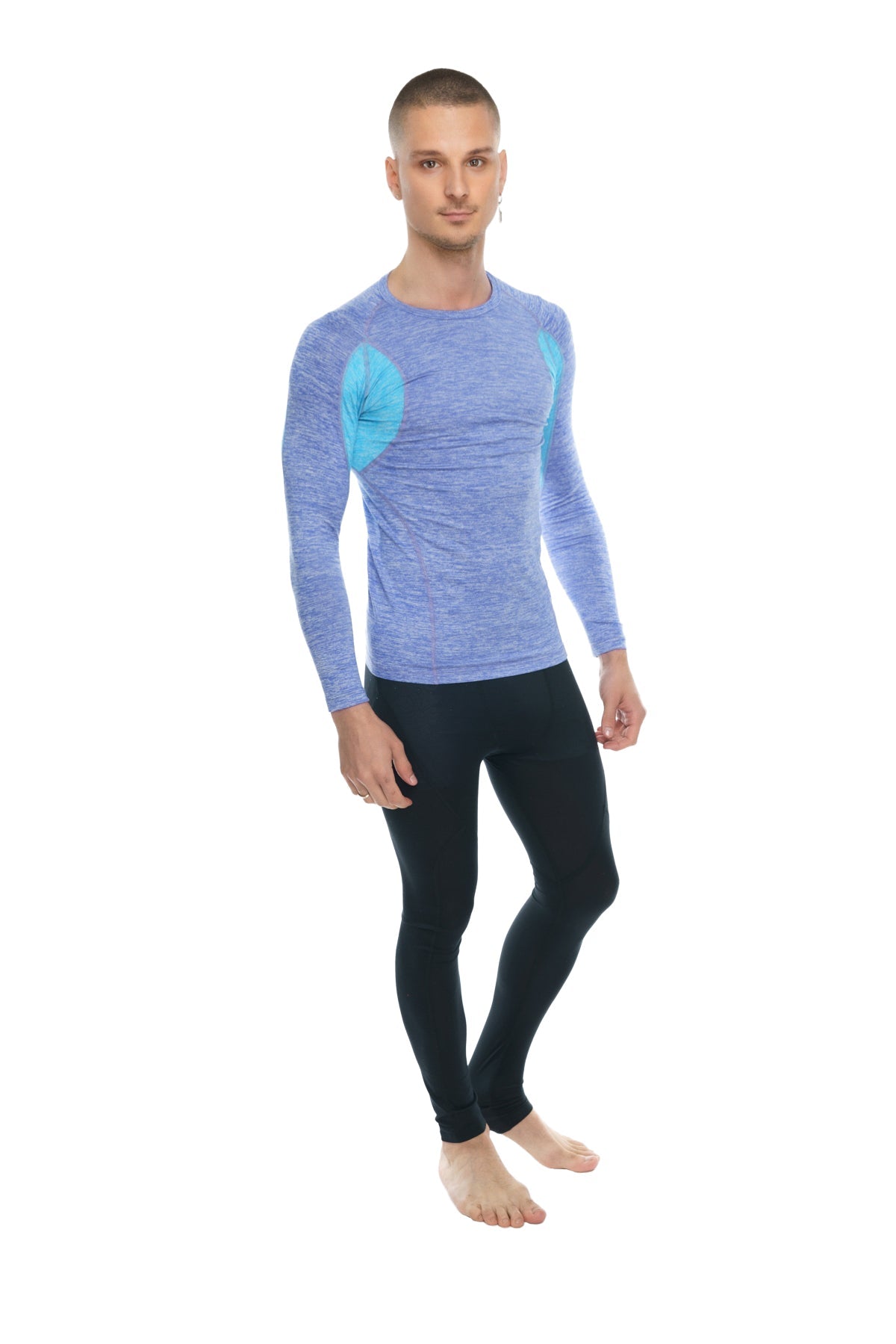 Designer raglan crew-neck long sleeve tee in blue and teal with textured fabric for athletic wear