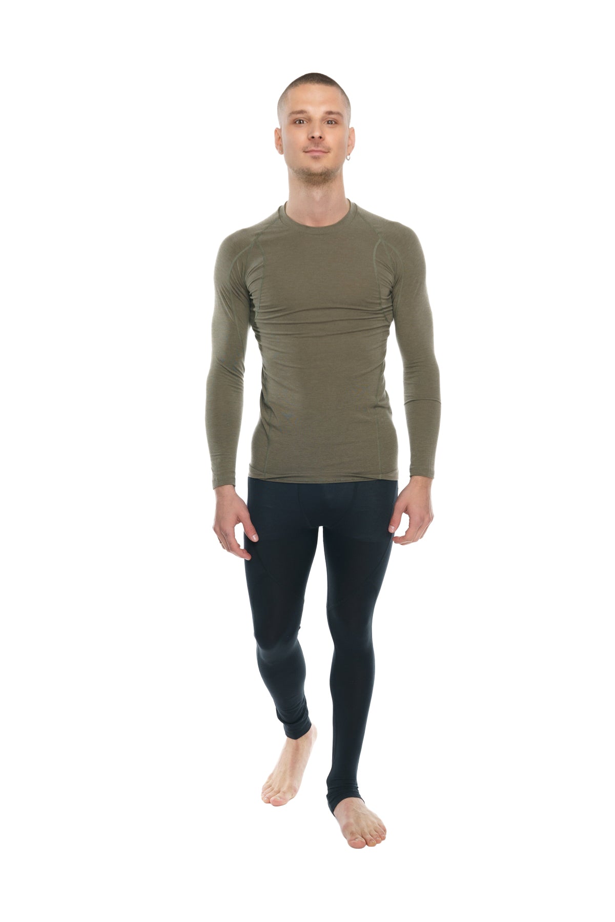 Olive green long-sleeved compression raglan crew-neck tee made from breathable fabric for athletic wear