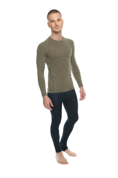 Olive green long-sleeved compression raglan crew-neck tee made of breathable fabric for active wear
