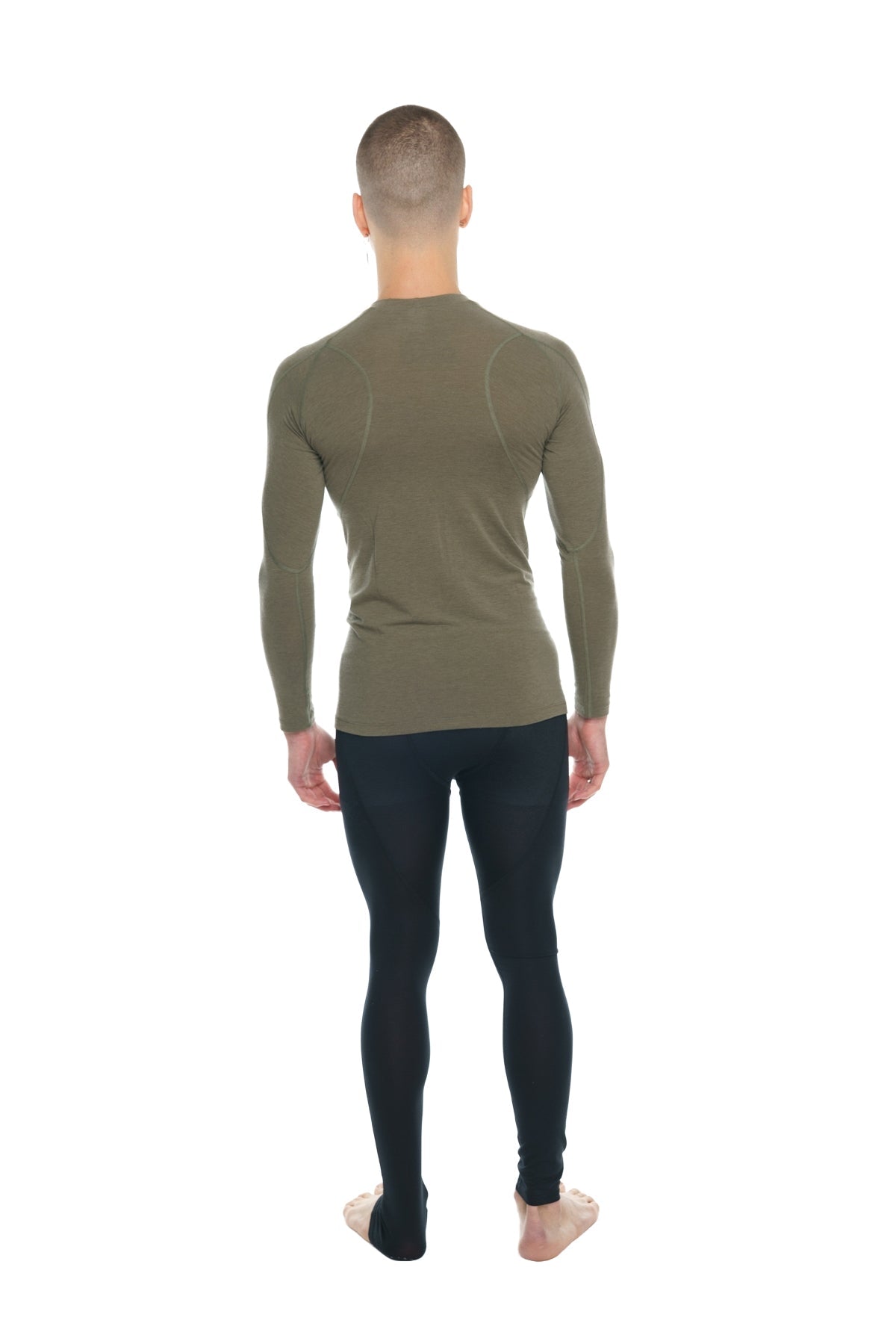 Olive green long sleeve designer raglan crew neck tee with fitted seamless performance fabric design