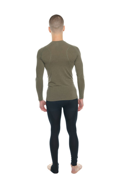 Olive green long sleeve designer raglan crew neck tee with fitted seamless performance fabric design