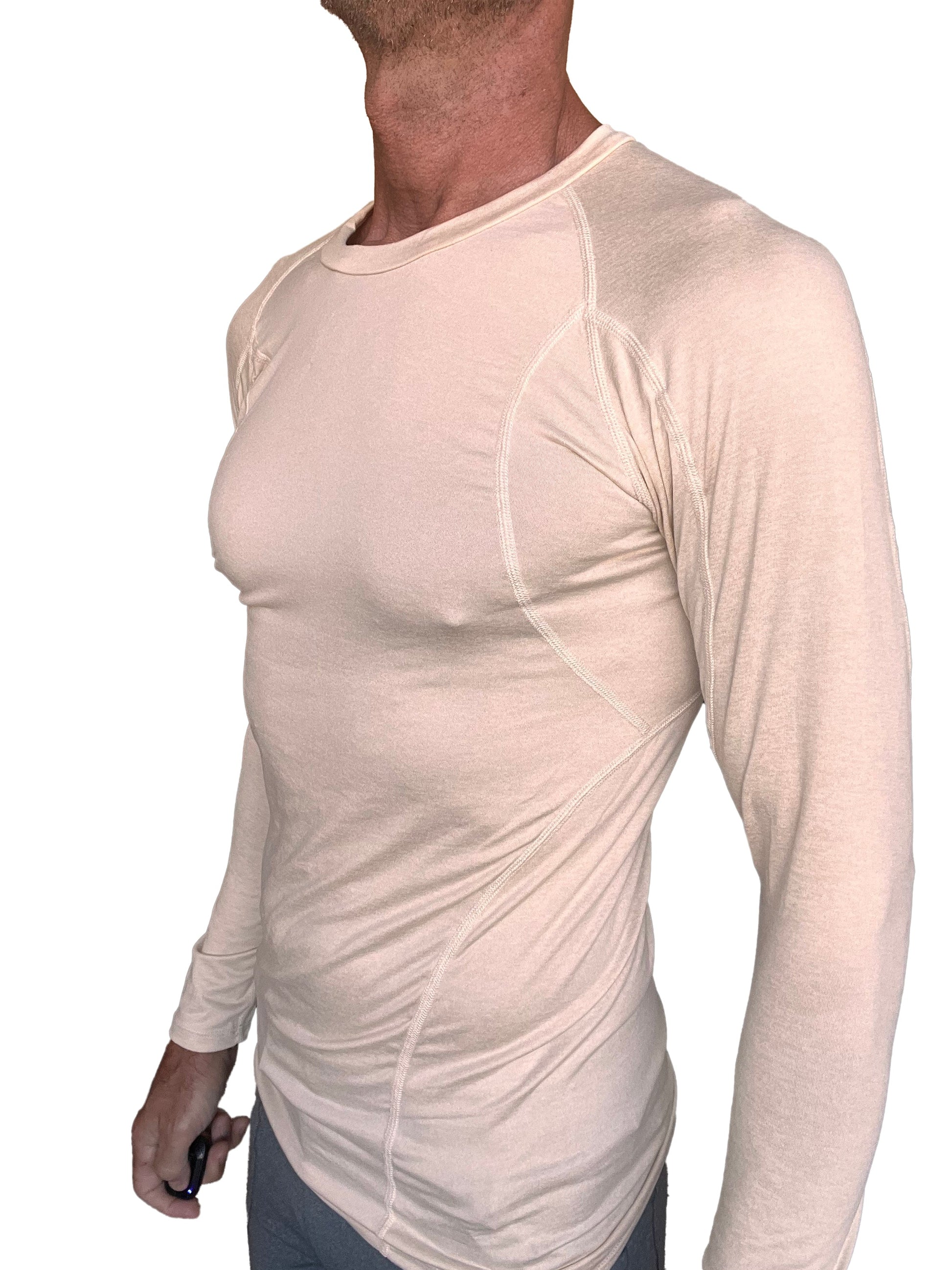 Beige long-sleeved designer raglan crew-neck tee with subtle seam detailing made from performance fabric