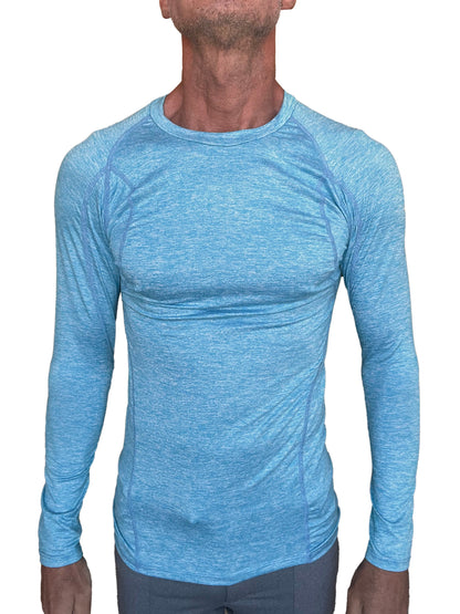 Light blue heathered long sleeve designer raglan crew neck athletic shirt ideal for active wear
