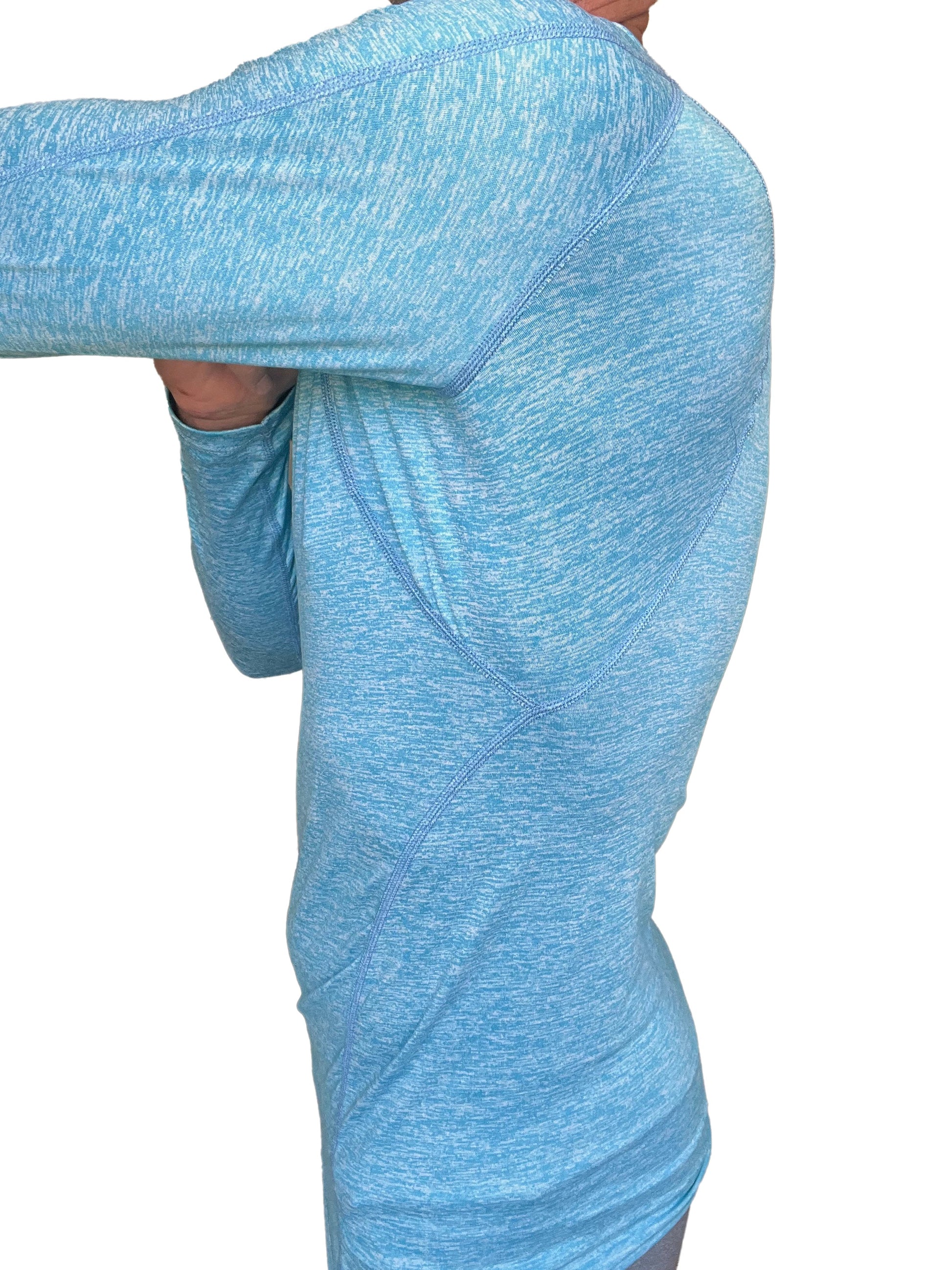 Light blue heathered long-sleeve designer raglan crew-neck tee with subtle seam detailing in solid coral shelf color