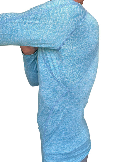 Light blue heathered long-sleeve designer raglan crew-neck tee with subtle seam detailing in solid coral shelf color