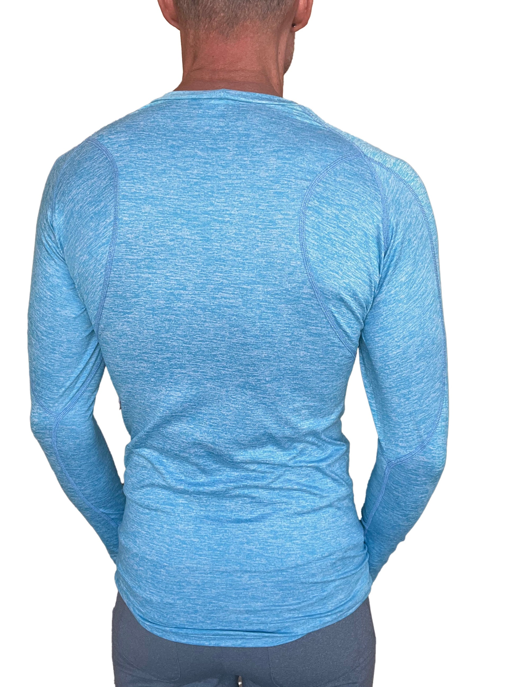 Light blue heathered long-sleeve athletic shirt with raglan sleeves and crew neck for activewear use
