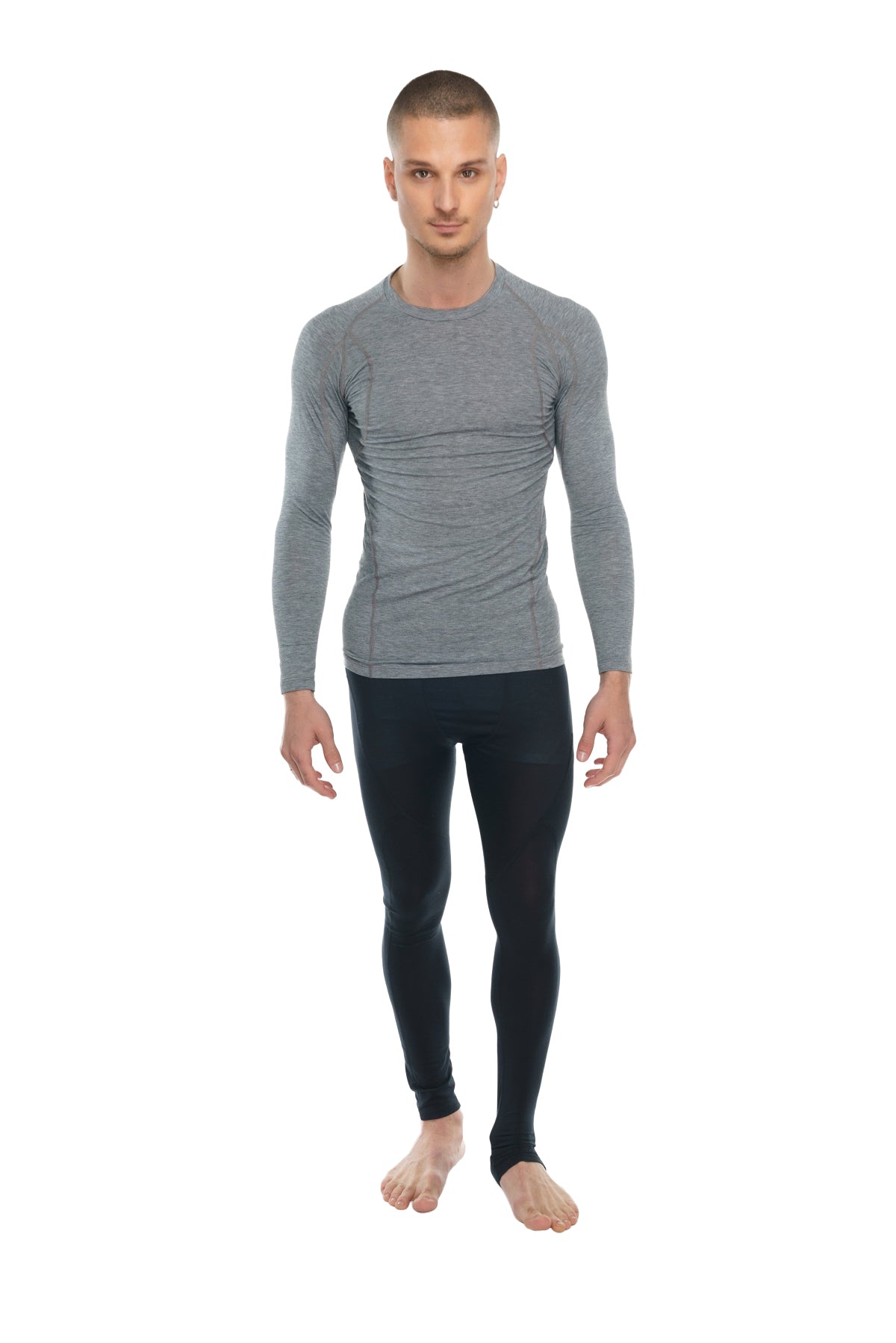 Gray long-sleeved compression shirt with subtle textured pattern designed as a steel gray raglan crew-neck tee