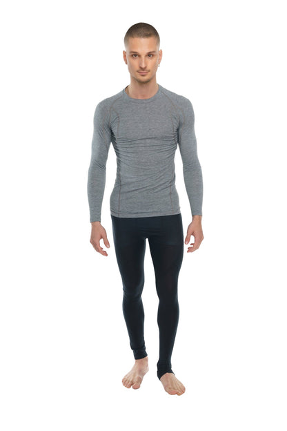 Gray long-sleeved compression shirt with subtle textured pattern designed as a steel gray raglan crew-neck tee