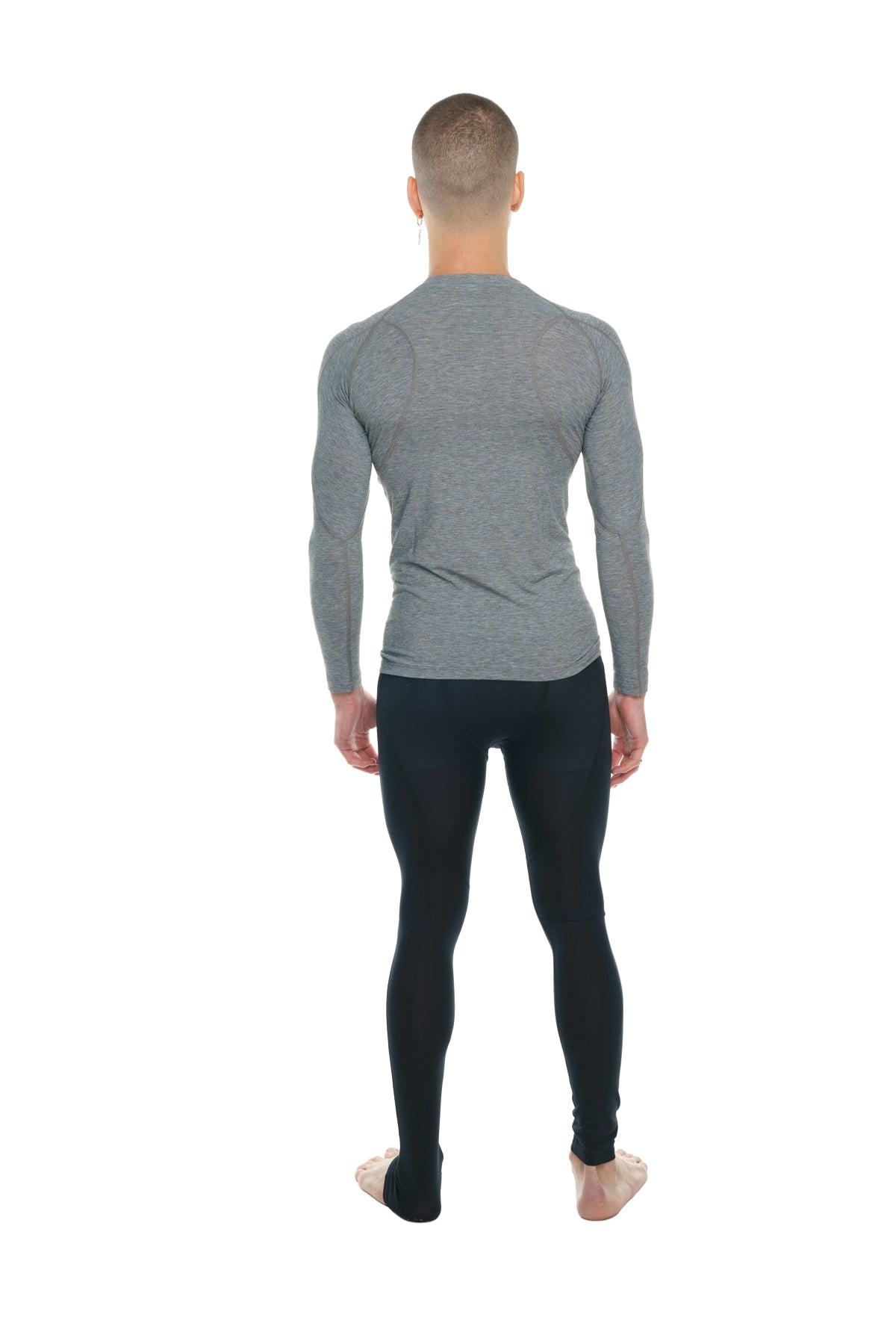 Designer raglan crew-neck long sleeve tee in steel gray with subtle horizontal ribbing and a snug athletic fit