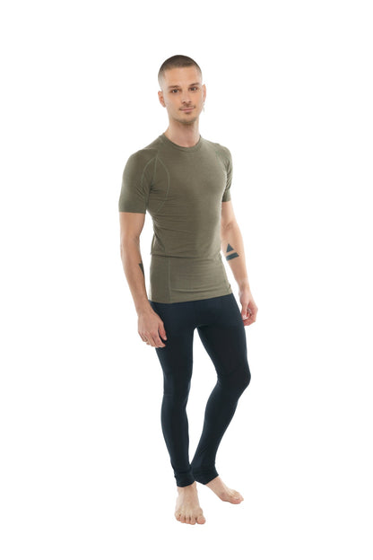 Olive green short-sleeved compression raglan crew-neck tee designed for performance and comfort