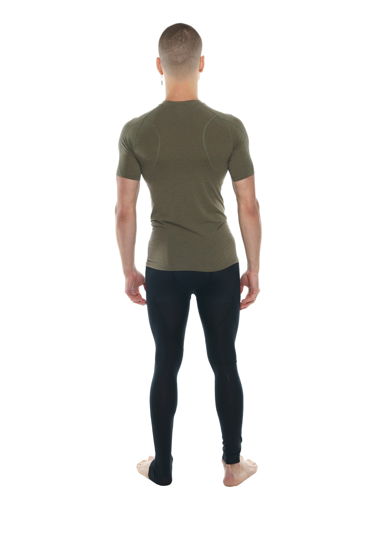 Olive green short-sleeved compression shirt with raglan sleeves and crew neck designed for athletic wear
