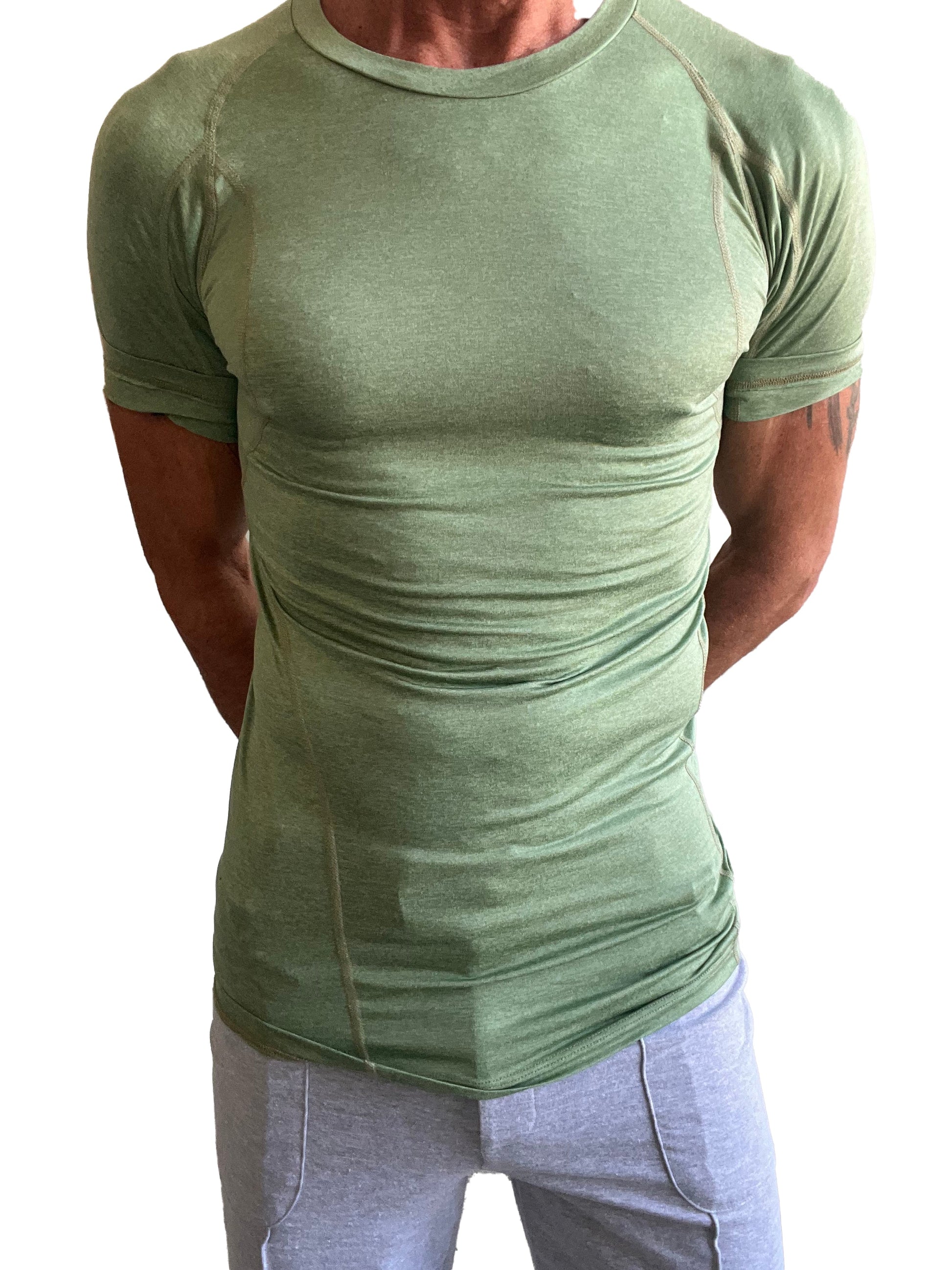 A fitted olive green short-sleeved athletic tee with raglan sleeves and a crew neckline for active wear