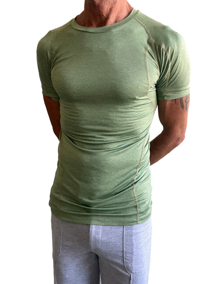 Olive green short-sleeved athletic shirt with crew neck and subtle seam detailing in designer raglan style