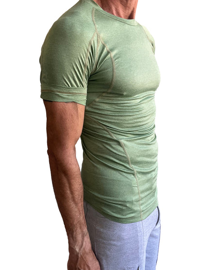 A fitted short-sleeved sage green designer raglan crew-neck tee with subtle seam detailing and ribbed cuffs