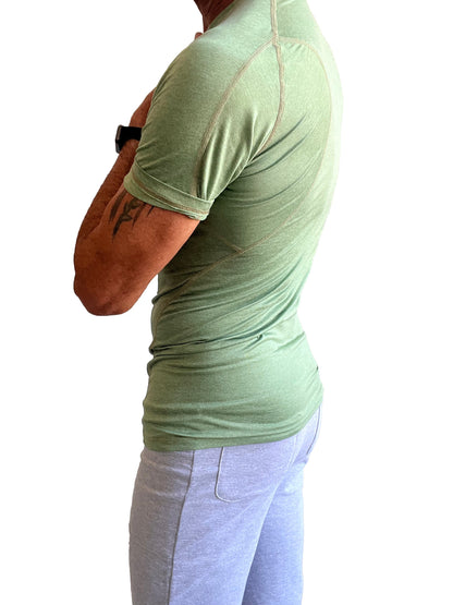 A light green fitted short-sleeved designer raglan crew-neck tee with subtle seam detailing