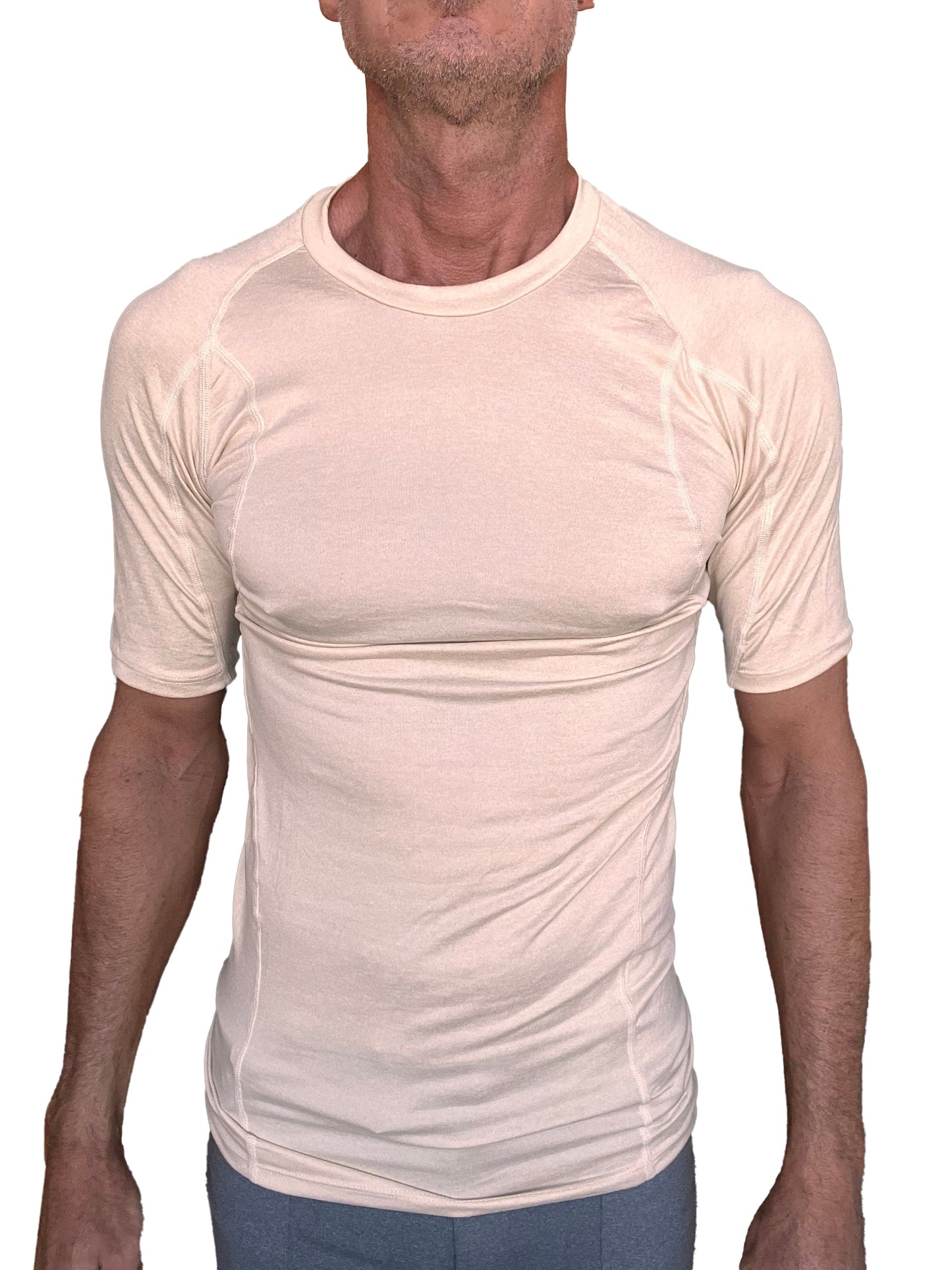 Beige designer raglan crew-neck tee with short sleeves fitted moisture-wicking fabric and subtle seam detailing