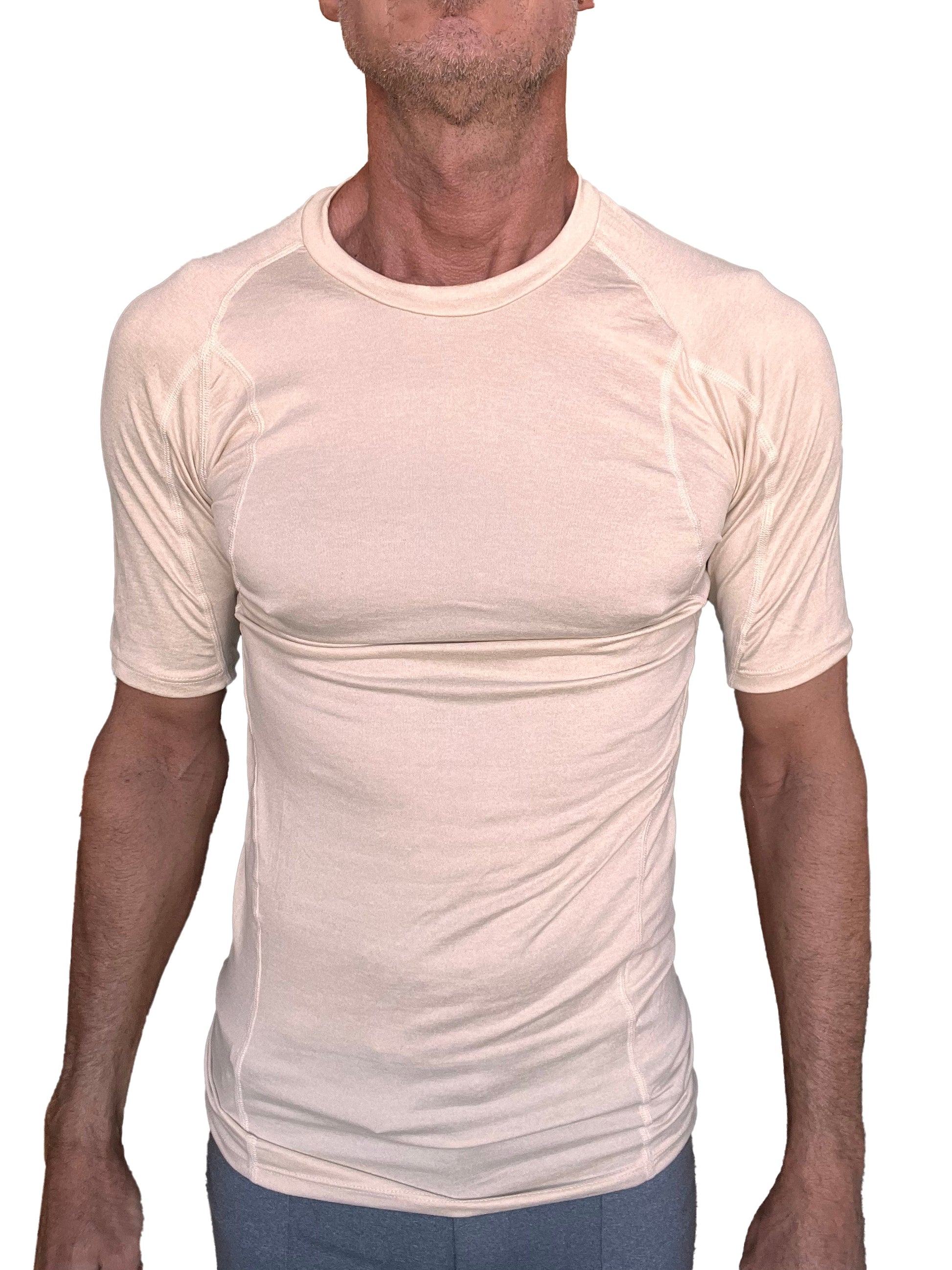 Beige designer raglan crew-neck tee with short sleeves fitted moisture-wicking fabric and subtle seam detailing