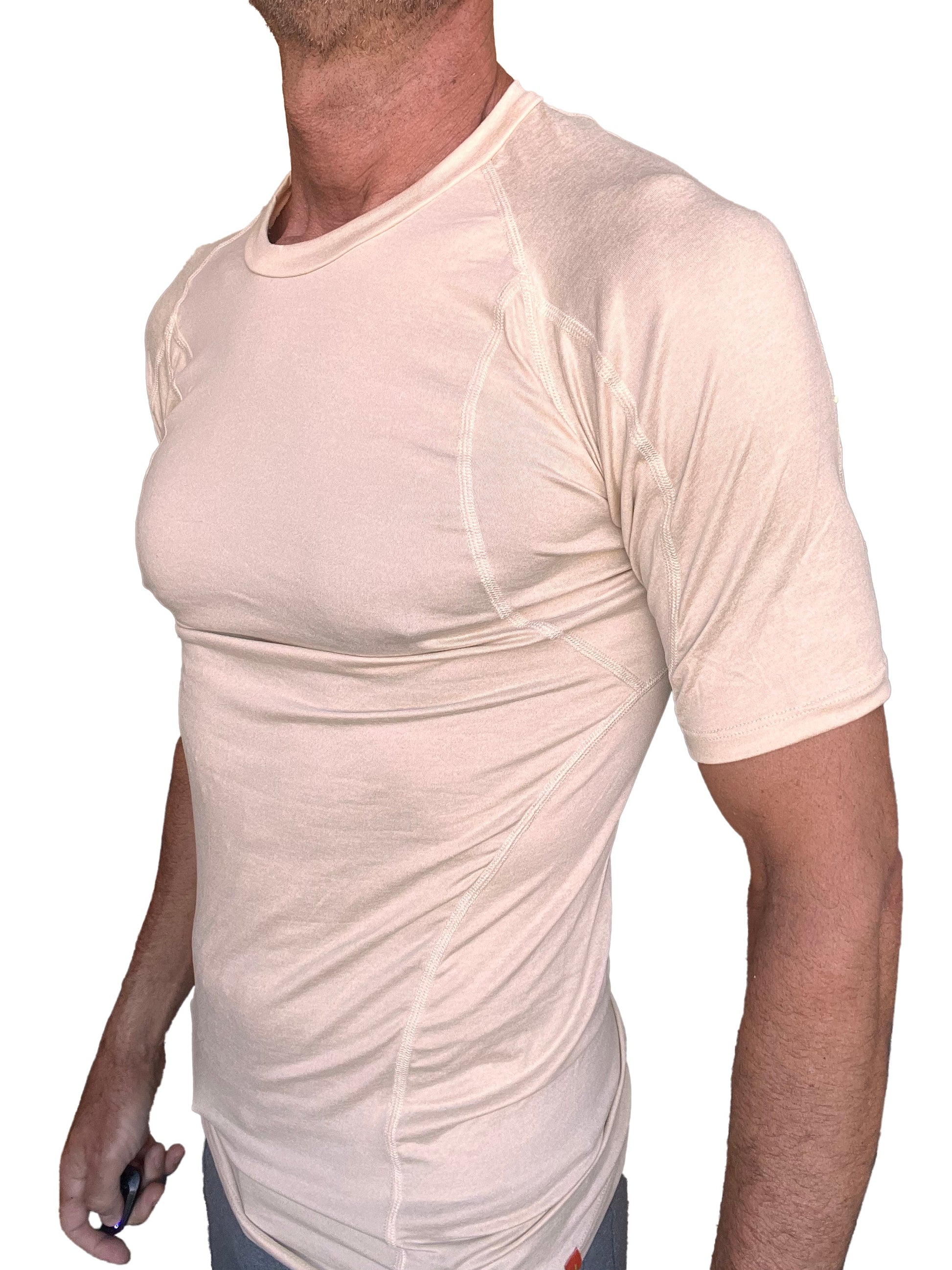Designer raglan crew-neck tee in sand beige featuring a beige short-sleeved athletic shirt with subtle seam detailing