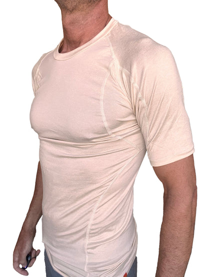 Designer raglan crew-neck tee in sand beige featuring a beige short-sleeved athletic shirt with subtle seam detailing