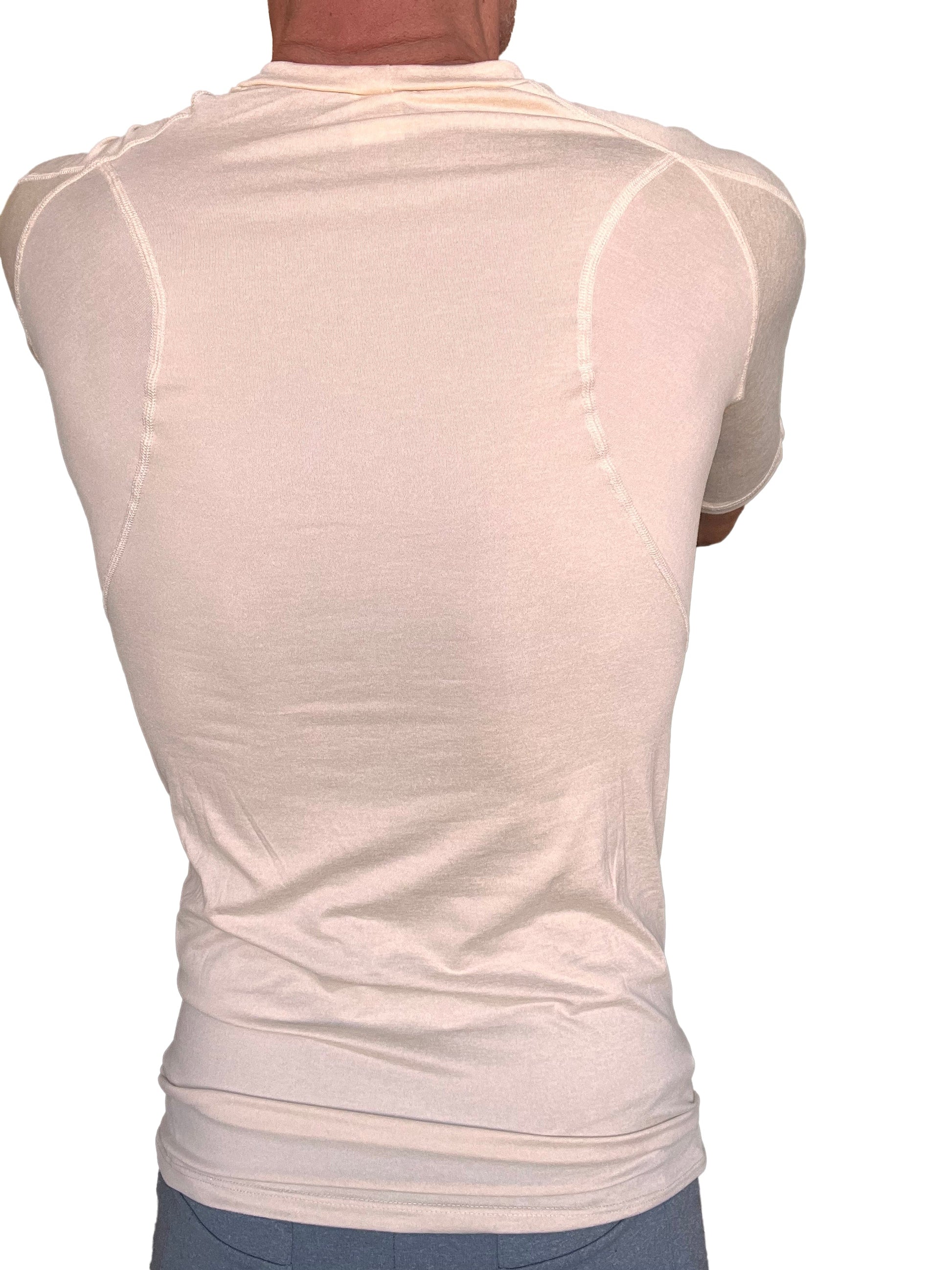 Cream-colored designer raglan crew-neck tee with reinforced seams and short sleeves in a form-fitting athletic style