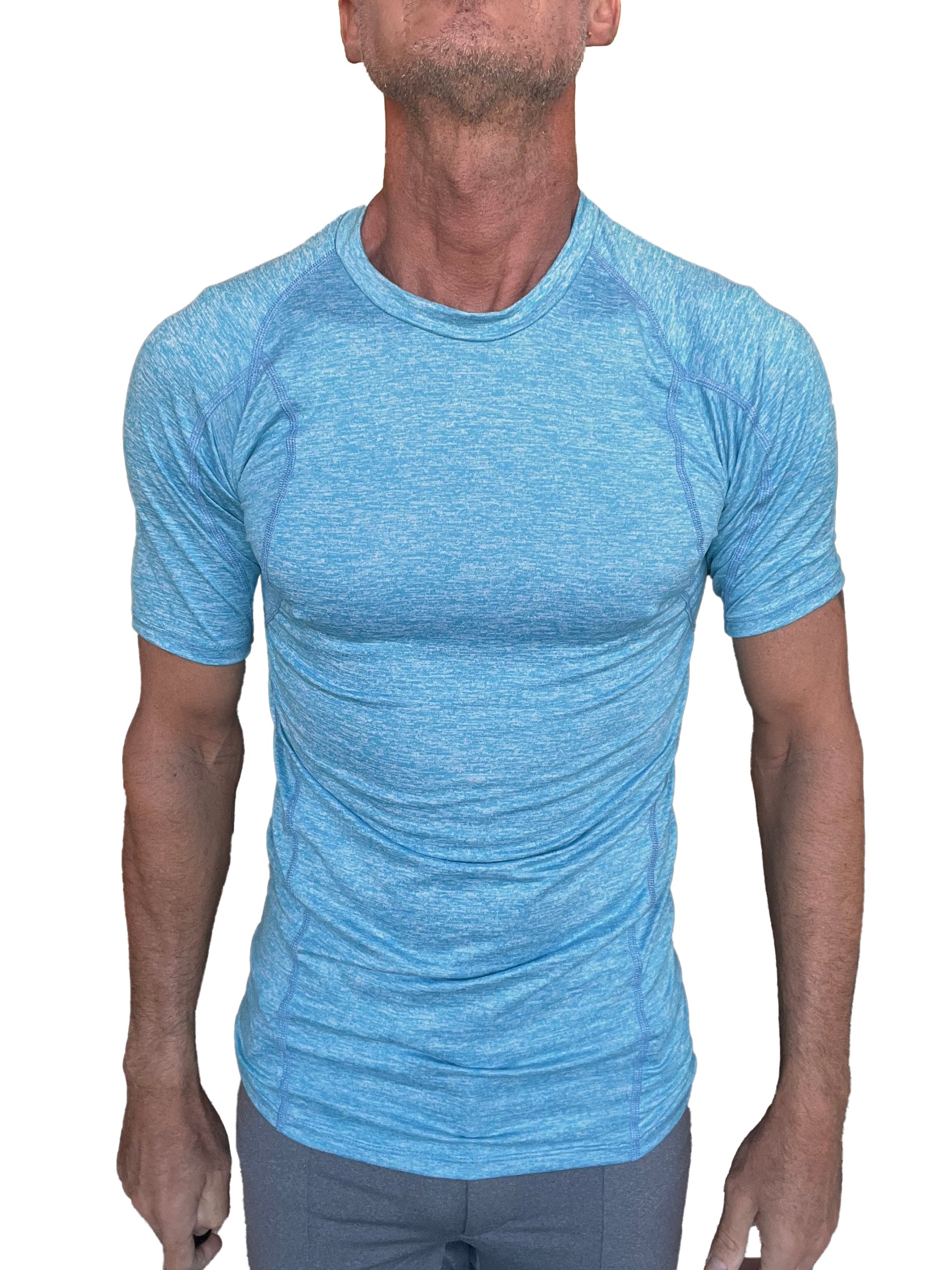 Light blue heathered short-sleeve athletic crew neck shirt designed for comfort and performance in activewear