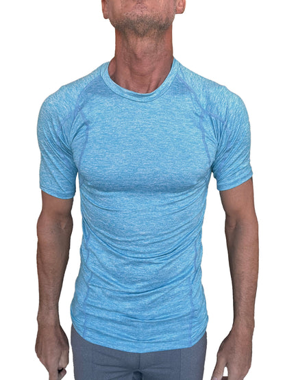 Light blue heathered short-sleeve athletic crew neck shirt designed for comfort and performance in activewear