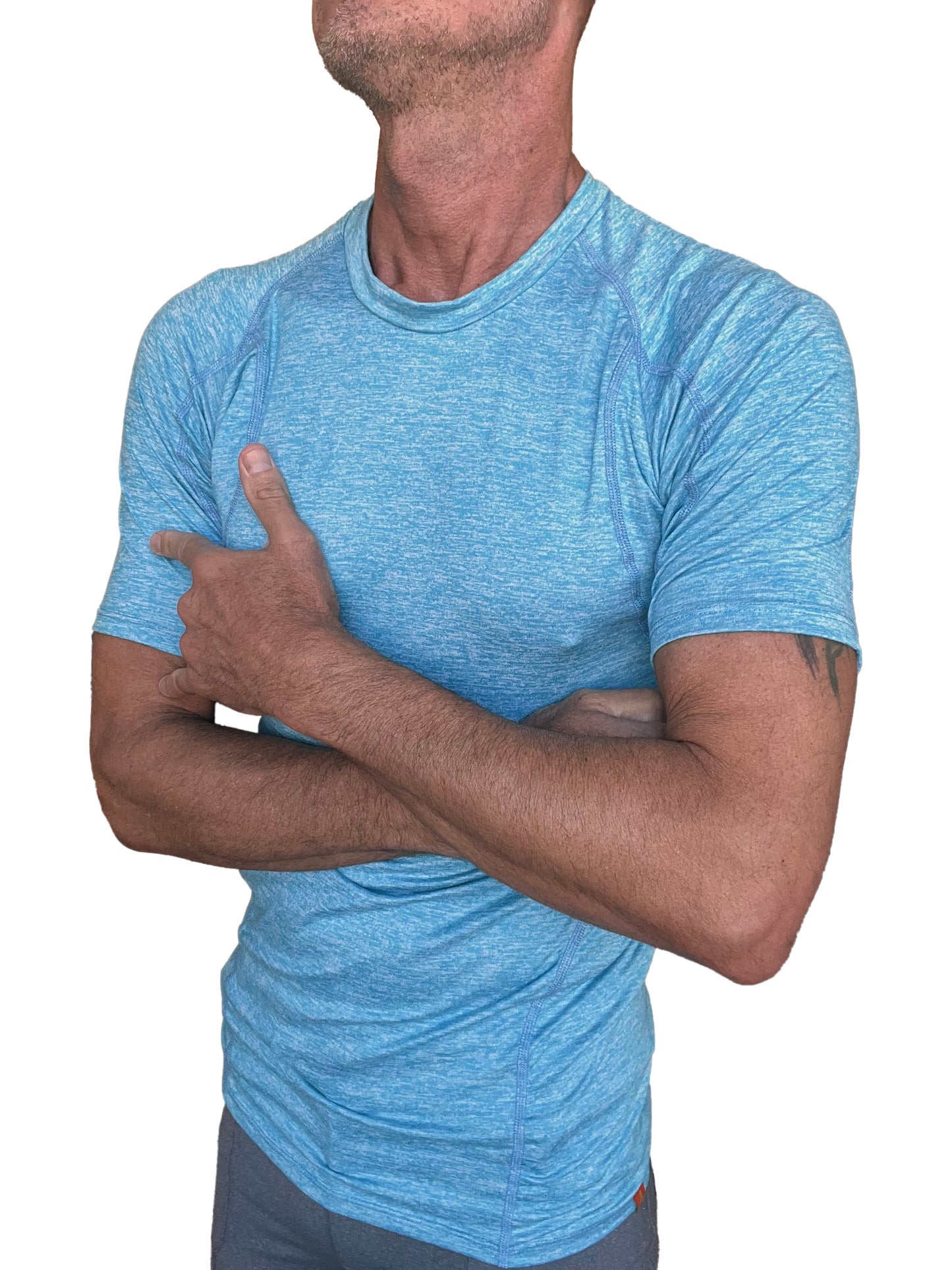 A light blue heathered short-sleeved designer raglan crew-neck athletic tee perfect for active wear