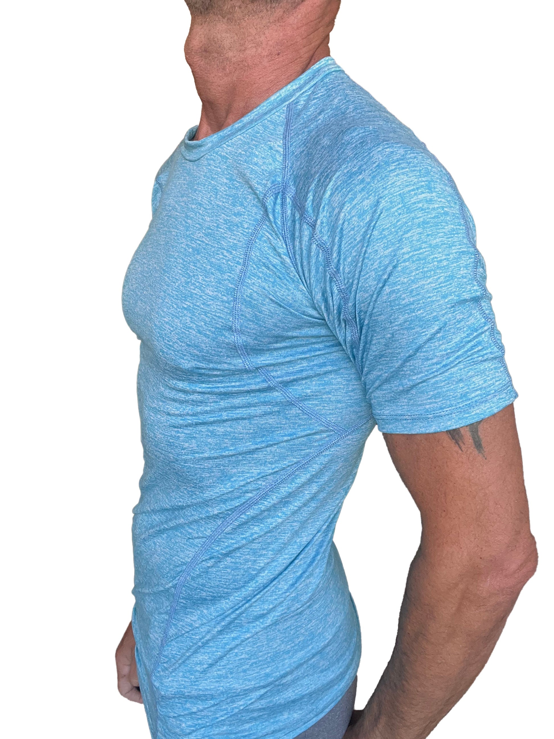 Designer raglan crew-neck tee in light blue heathered fabric with subtle seam detailing and short sleeves