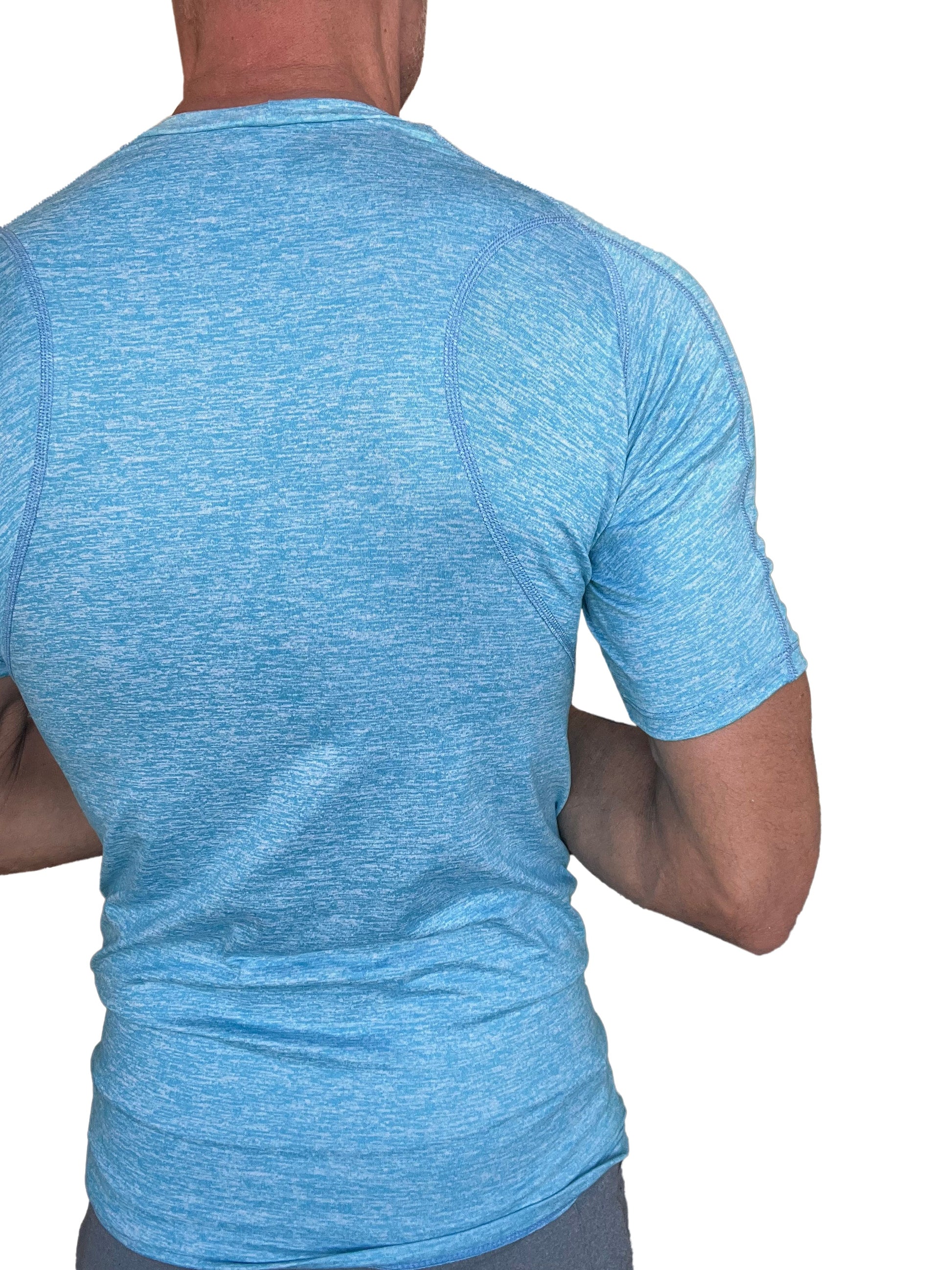 Light blue heathered short sleeve athletic shirt with fitted cut and ribbed neckline for active wear