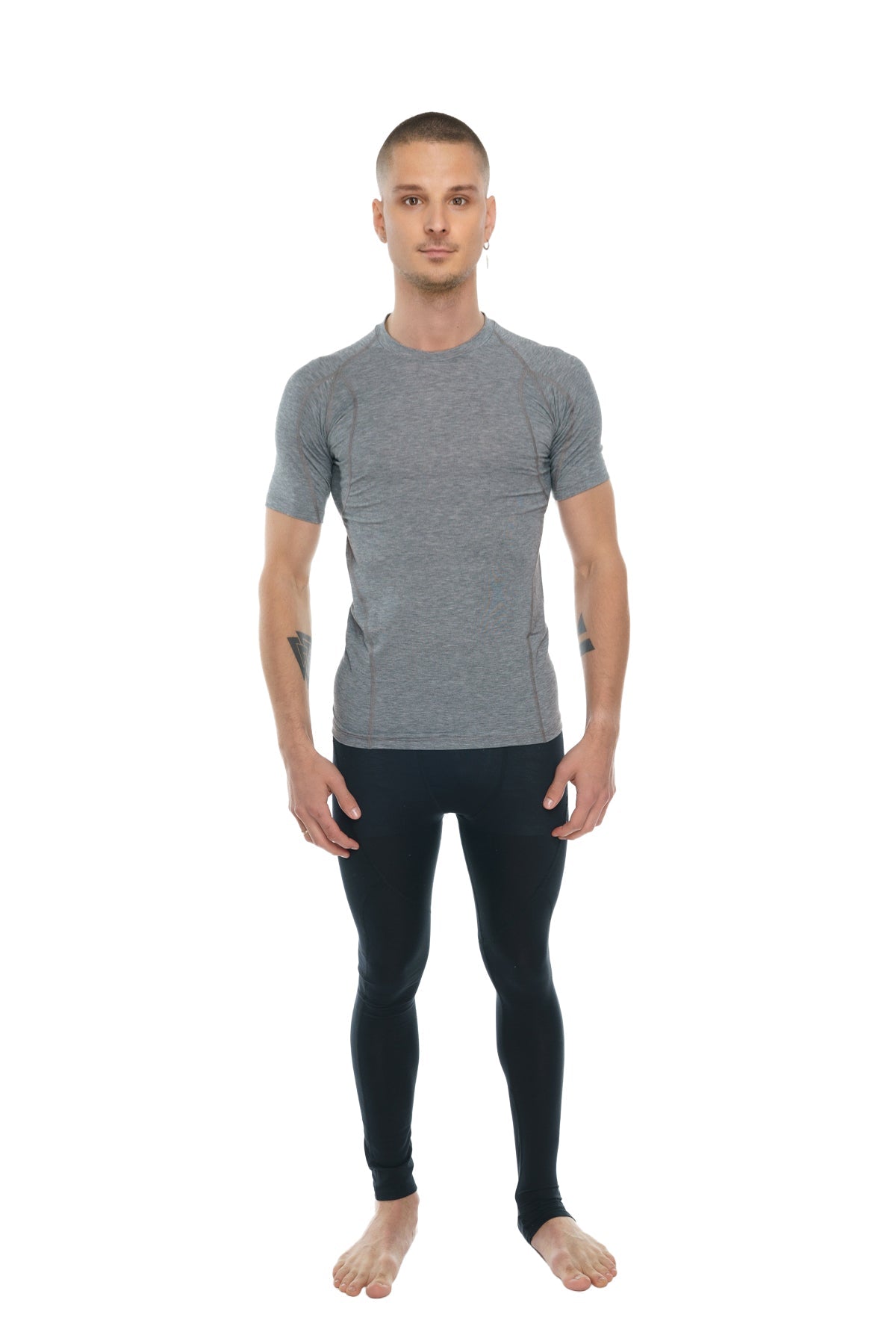 Gray heathered designer raglan crew-neck tee with short sleeves and subtle seam detailing for athletic wear