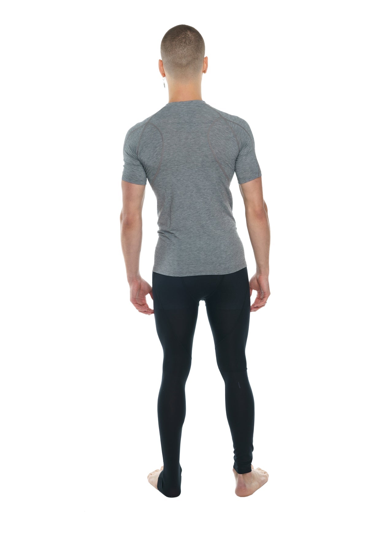 Gray heathered short-sleeved athletic shirt with crew neck and fitted design in steel gray for active wear
