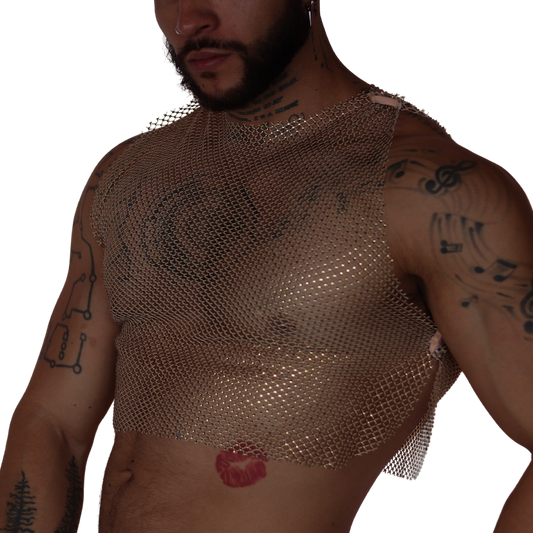 Front view of Gigo beige diamond-pattern mesh crop top made from lightweight metallic fabric.