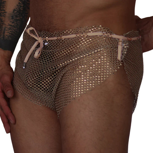 Front view: Gigo beige diamond-patterned mesh hot shorts with a drawstring waist and metallic finish.