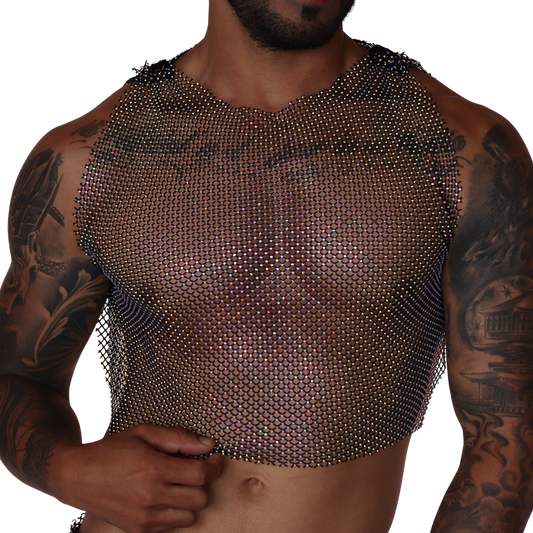 Front view of Gigo black diamond mesh crop top with shimmering rhinestone detailing on a tattooed man.