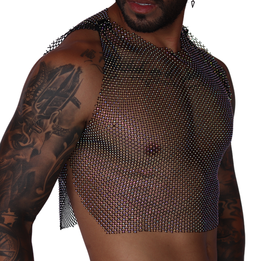 Gigo side-view of a black diamond mesh crop top with iridescent crystal-like detailing on a tattooed model.