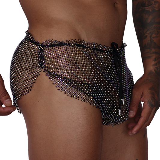 Side view of Gigo Diamond black rhinestone fishnet hot shorts with an adjustable drawstring waist.