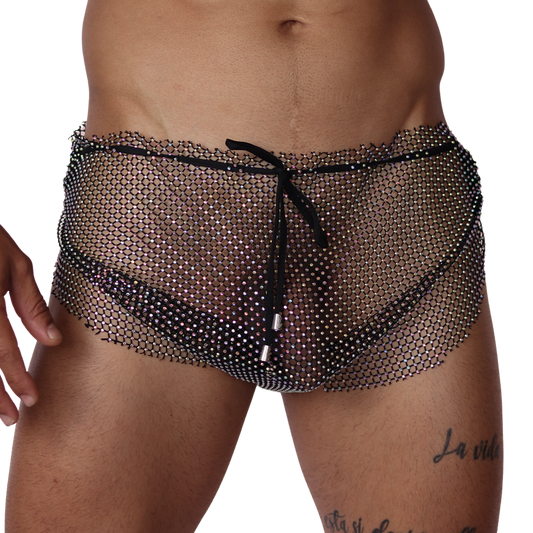 Front view of Gigo black diamond mesh hot shorts with drawstring and sparkly rhinestones.