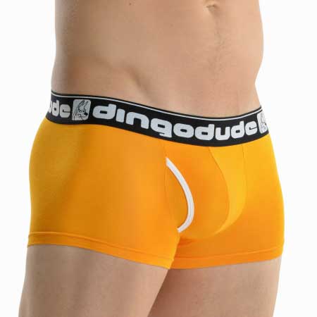 Bright orange dingodude bamboo fibre men’s boxer briefs with black branded elastic waistband size large