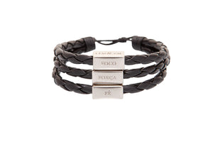 CA-RIO-CA Men's Bracelet Black Leather Silver Adjustable with words of Focus, Strength, Faith, & Courage in Portuguese