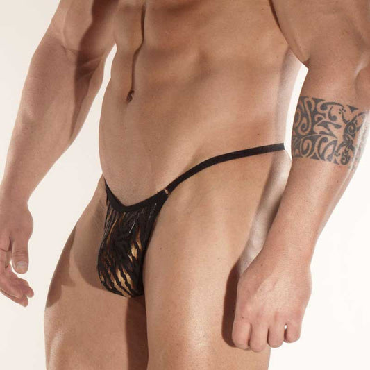 Black lace thong with subtle gold zebra metallic rings pattern by don moris in size l front view