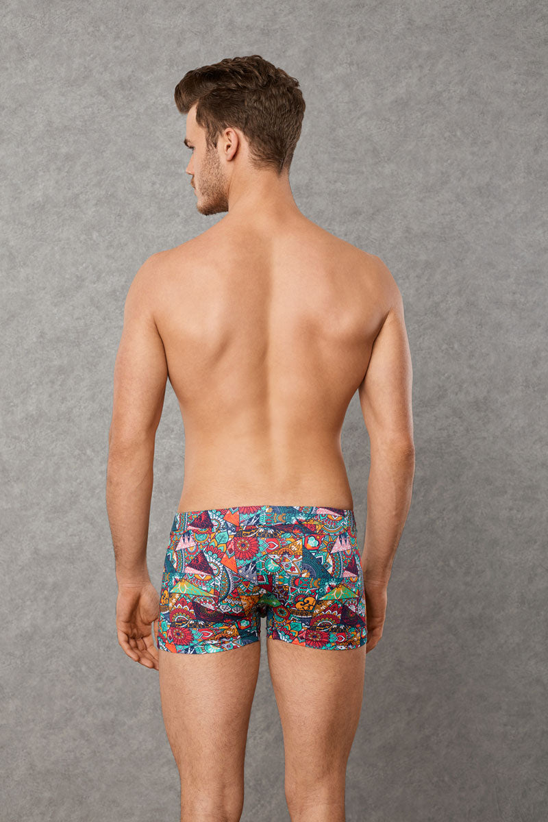 Doreanse patchwork boxer brief underwear size m featuring colorful tropical and geometric patterns in teal red purple and orange