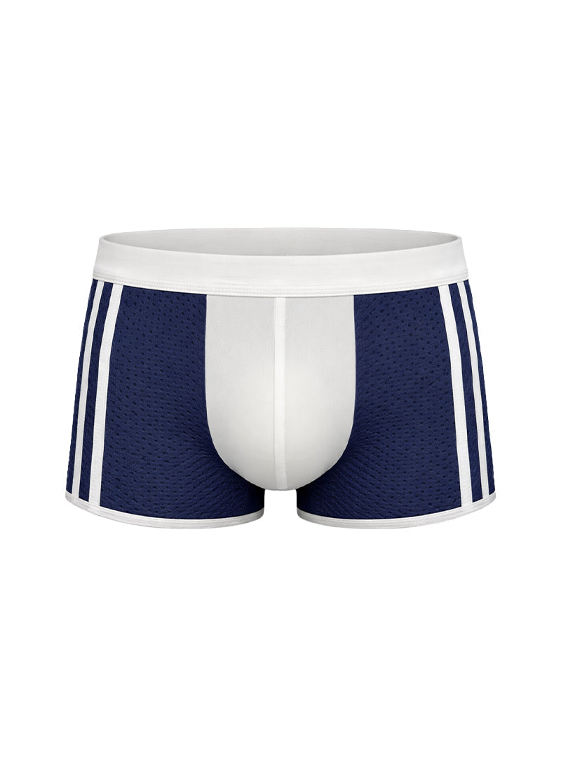 Navy blue mesh dual tone trunk boxer briefs with white waistband and side stripes for comfortable support