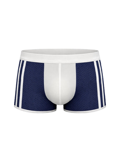 Navy blue mesh dual tone trunk boxer briefs with white waistband and side stripes for comfortable support