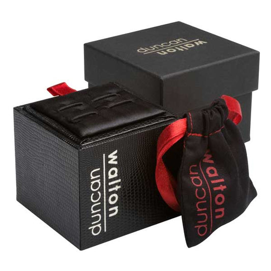 Black leather watch box with red ribbon and matching branded pouch for duncan walton porter cufflinks pink size one size