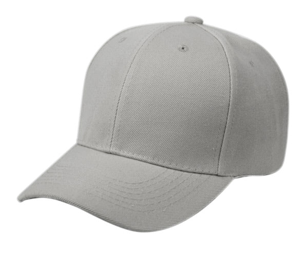Gray easy fit cap with structured six-panel design and stitched seams available in three colors